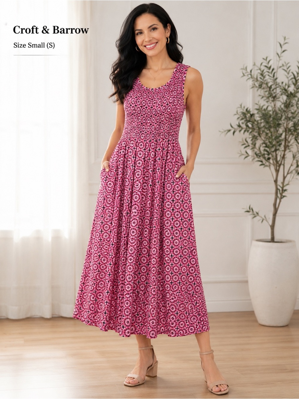 Croft & Barrow Pink Smocked Sleeveless Midi Dress Floral Boho Casual feminine /S